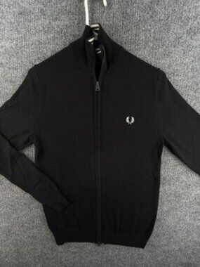 Fred Perry Small Logo Full Zip Black Men Wool Long Sleeve Solid Knit Designer